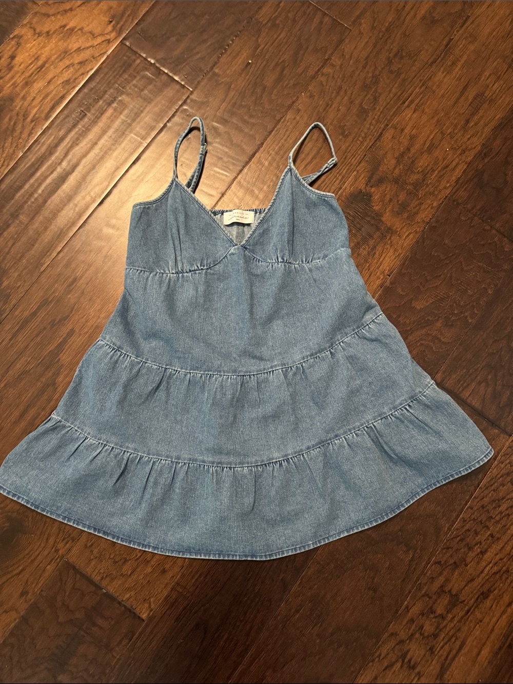 American Threads- Denim Tiered Spaghetti Strap Mini Dress - Blue